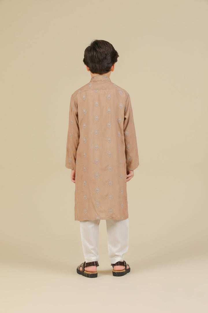 Muraqsh Ready To Wear Embroidered Silk Boys Mehrab Sandstone Kurta Trouser MURRS - Winter Collection