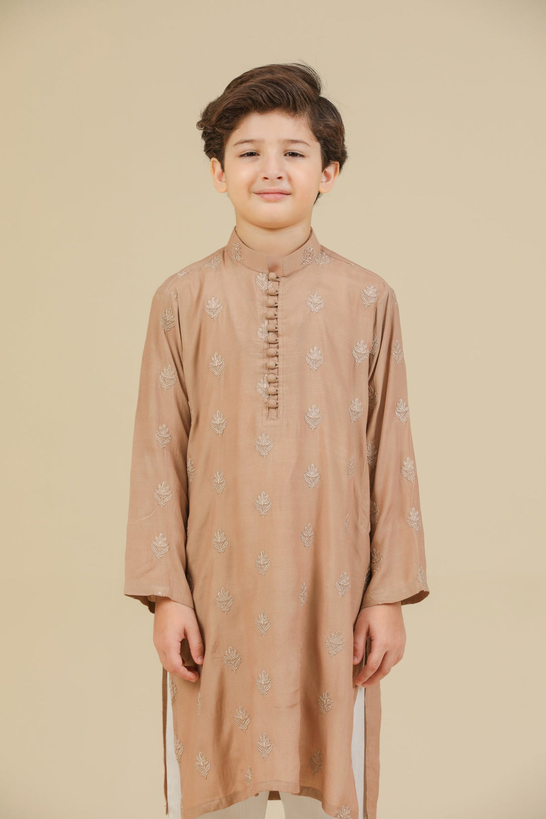 Muraqsh Ready To Wear Embroidered Silk Boys Mehrab Sandstone Kurta Trouser MURRS - Winter Collection