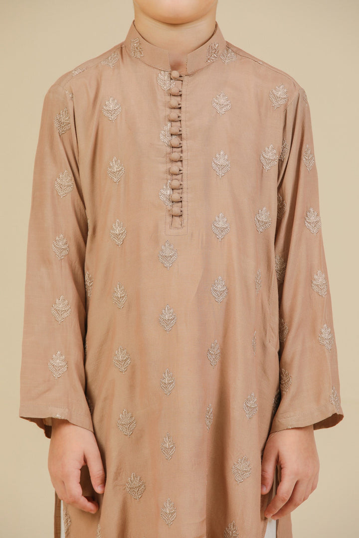 Muraqsh Ready To Wear Embroidered Silk Boys Mehrab Sandstone Kurta Trouser MURRS - Winter Collection