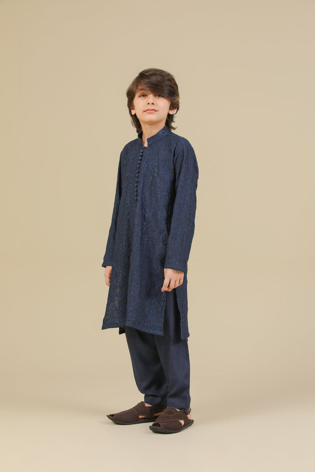 Muraqsh Ready To Wear Embroidered Silk Boys Feroz Dark Blue Kurta Trouser MUR-F-DBR - Winter Collection
