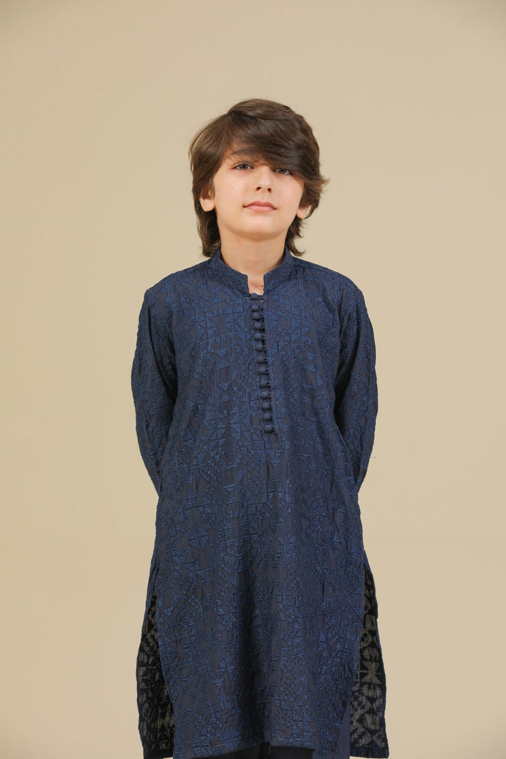 Muraqsh Ready To Wear Embroidered Silk Boys Feroz Dark Blue Kurta Trouser MUR-F-DBR - Winter Collection