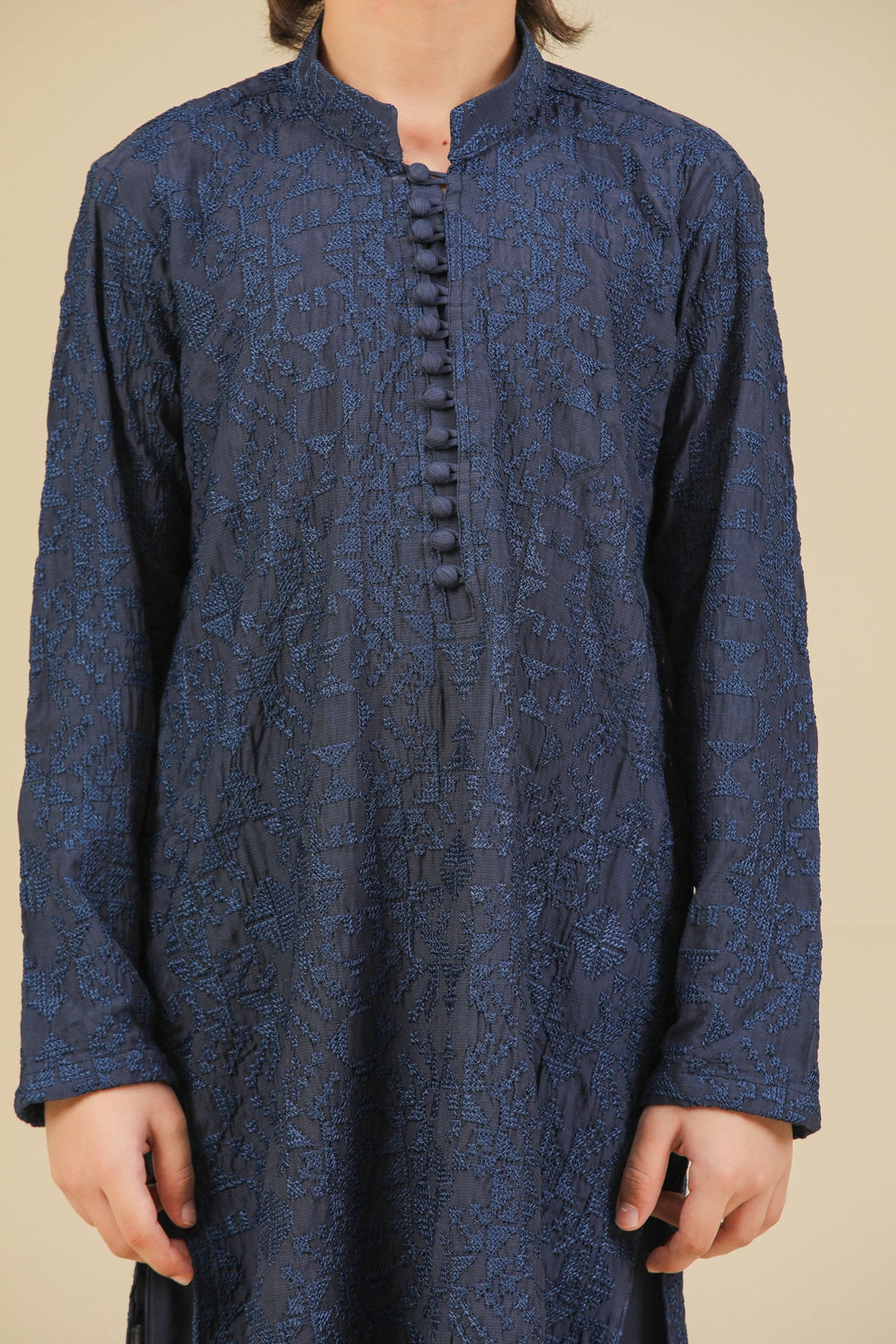 Muraqsh Ready To Wear Embroidered Silk Boys Feroz Dark Blue Kurta Trouser MUR-F-DBR - Winter Collection