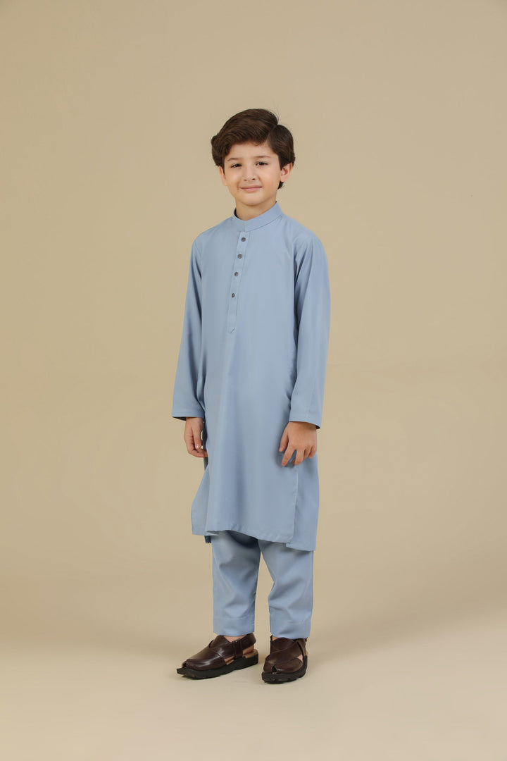 Muraqsh Ready To Wear Solids Cotton Boys Sapphire Blue Blended Kurta Trouser MUR-RBKT - Summer Collection