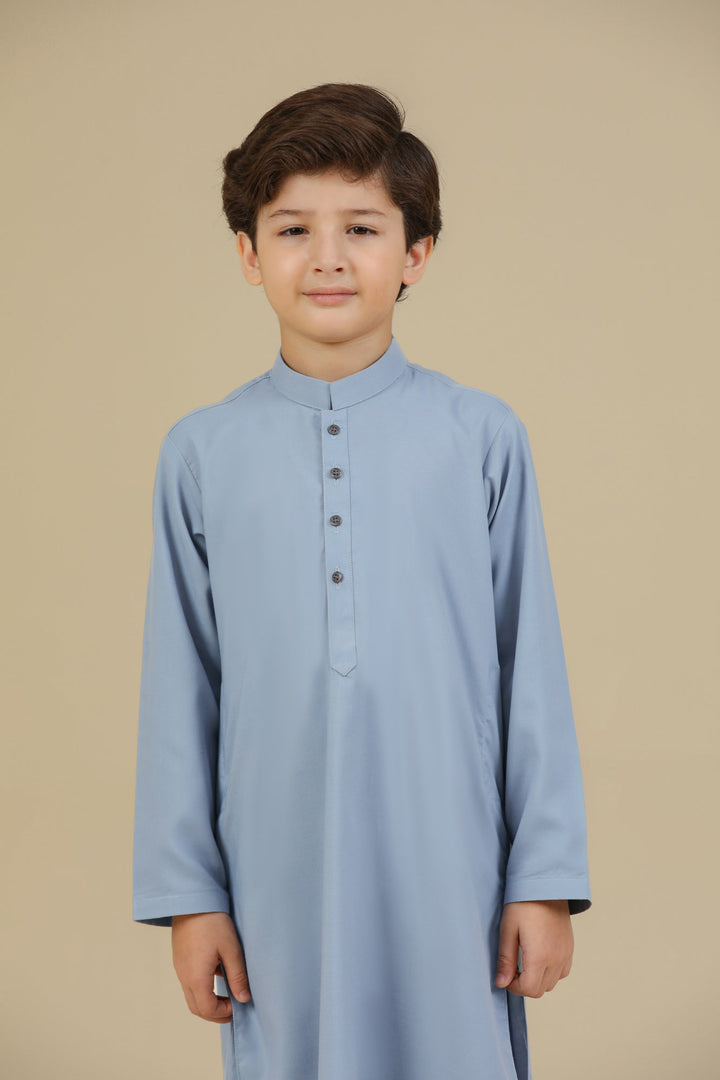 Muraqsh Ready To Wear Solids Cotton Boys Sapphire Blue Blended Kurta Trouser MUR-RBKT - Summer Collection