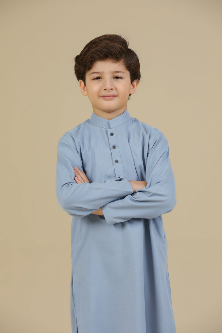 Muraqsh Ready To Wear Solids Cotton Boys Sapphire Blue Blended Kurta Trouser MUR-RBKT - Summer Collection