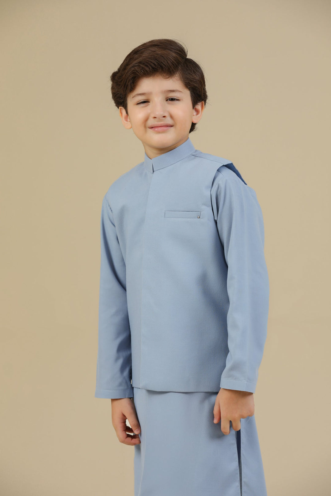 Muraqsh Ready To Wear Solids Cotton Boys Sapphire Blue Kurta Trouser with Blended Waistcoat MUR-PBKTW - Summer Collection