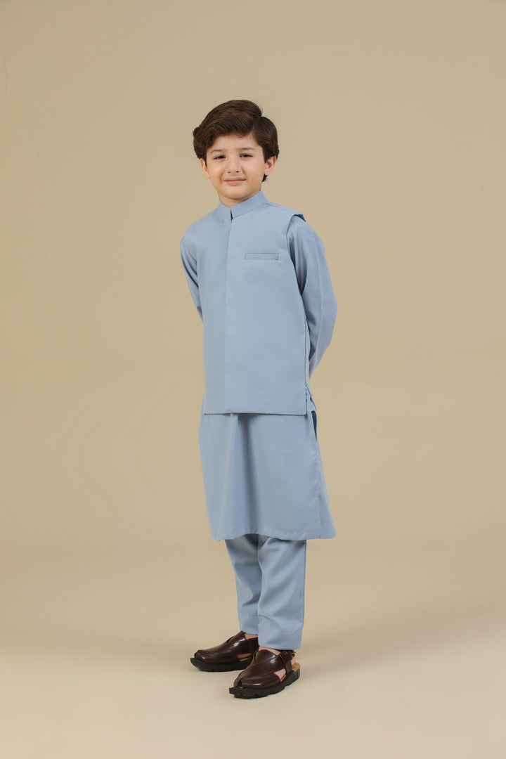 Muraqsh Ready To Wear Solids Cotton Boys Sapphire Blue Kurta Trouser with Blended Waistcoat MUR-PBKTW - Summer Collection