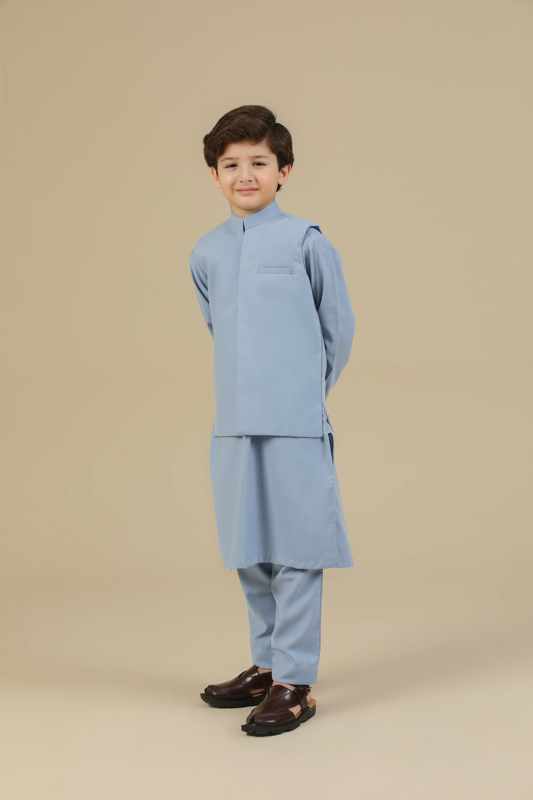 Muraqsh Ready To Wear Solids Cotton Boys Sapphire Blue Kurta Trouser with Blended Waistcoat MUR-PBKTW - Summer Collection