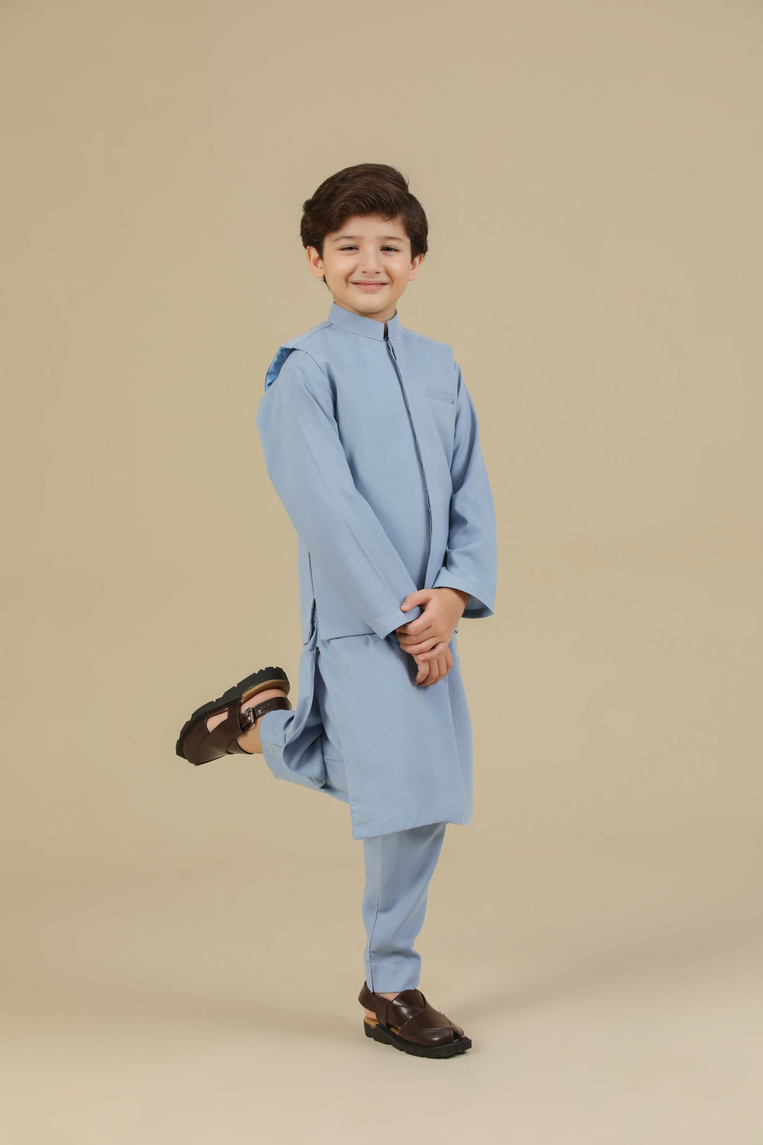 Muraqsh Ready To Wear Solids Cotton Boys Sapphire Blue Kurta Trouser with Blended Waistcoat MUR-PBKTW - Summer Collection