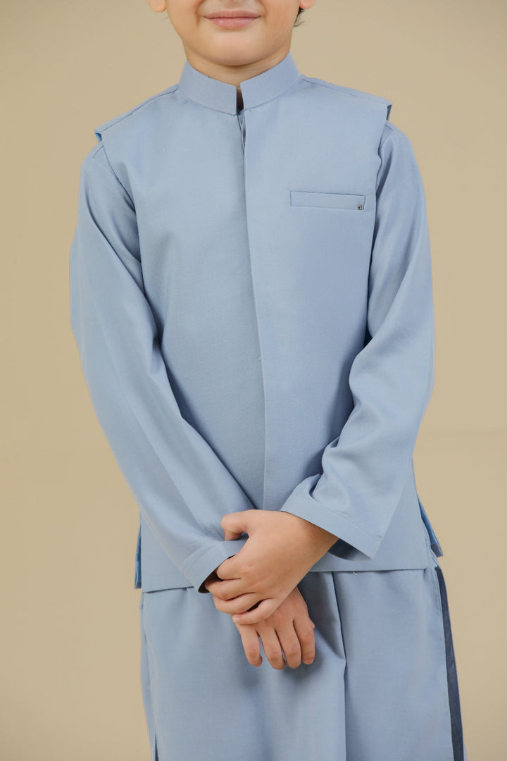Muraqsh Ready To Wear Solids Cotton Boys Sapphire Blue Kurta Trouser with Blended Waistcoat MUR-PBKTW - Summer Collection