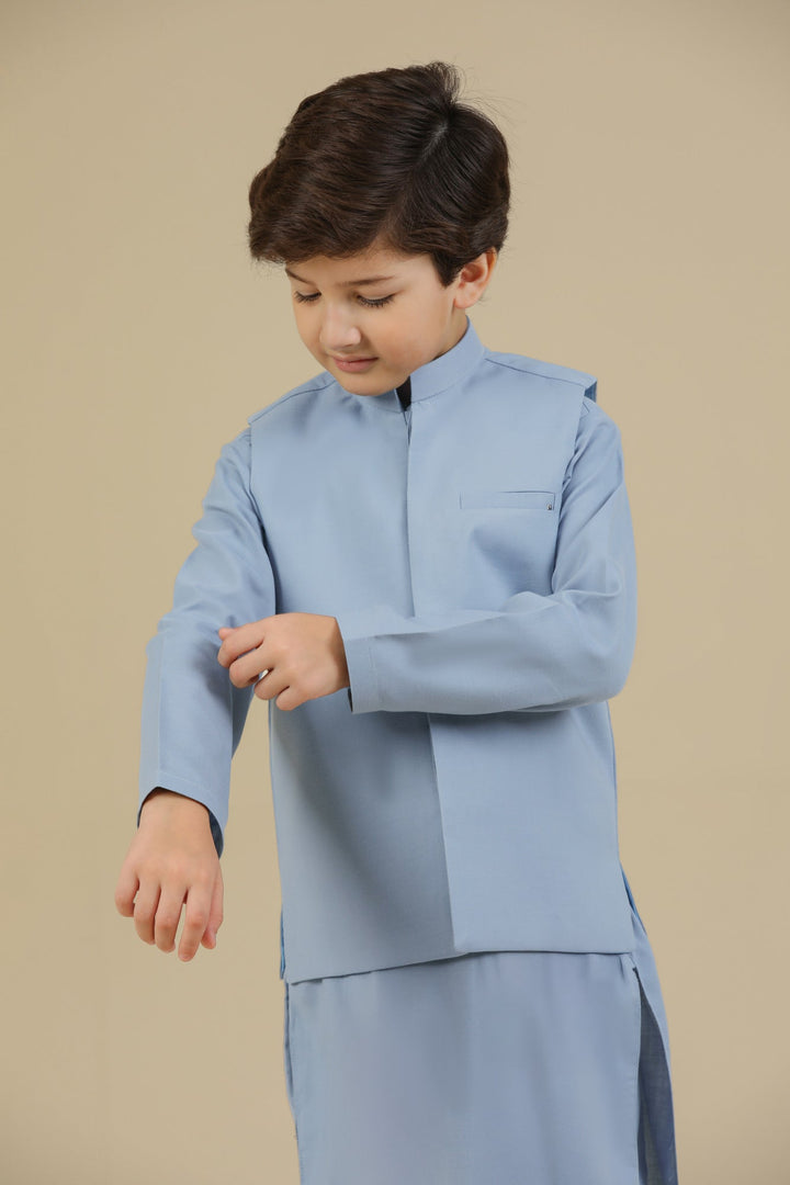 Muraqsh Ready To Wear Solids Cotton Boys Sapphire Blue Kurta Trouser with Blended Waistcoat MUR-PBKTW - Summer Collection