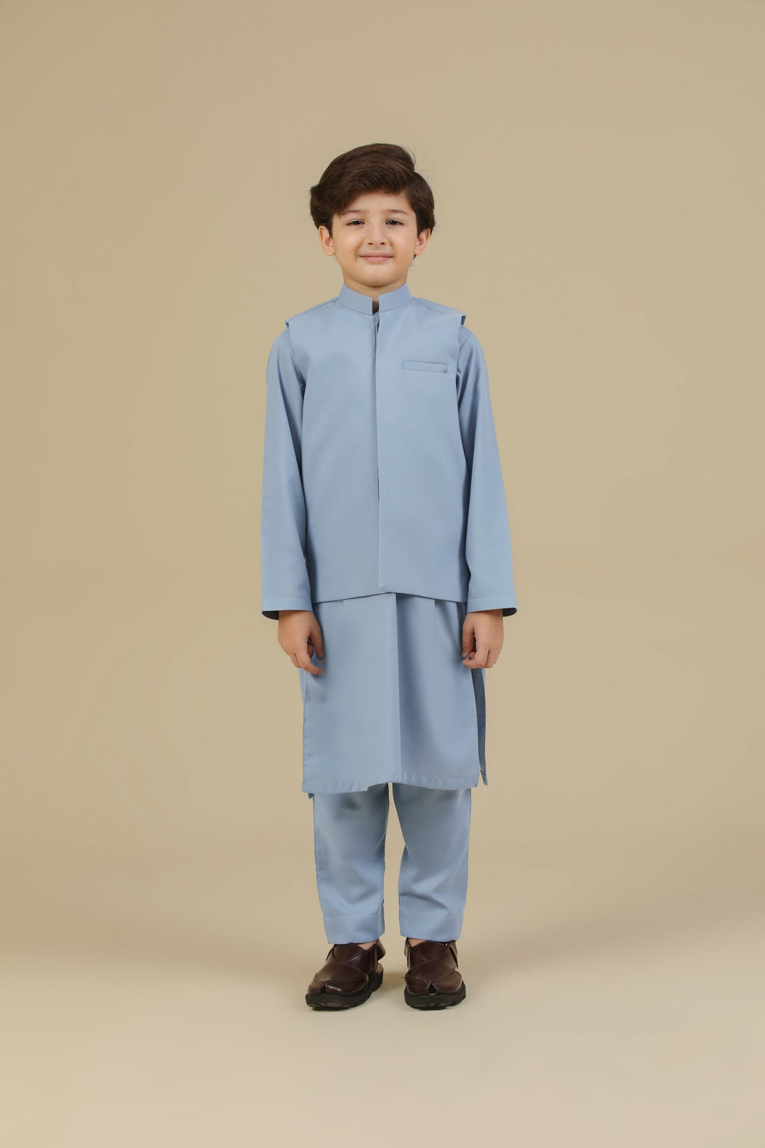 Muraqsh Ready To Wear Solids Cotton Boys Sapphire Blue Kurta Trouser with Blended Waistcoat MUR-PBKTW - Summer Collection