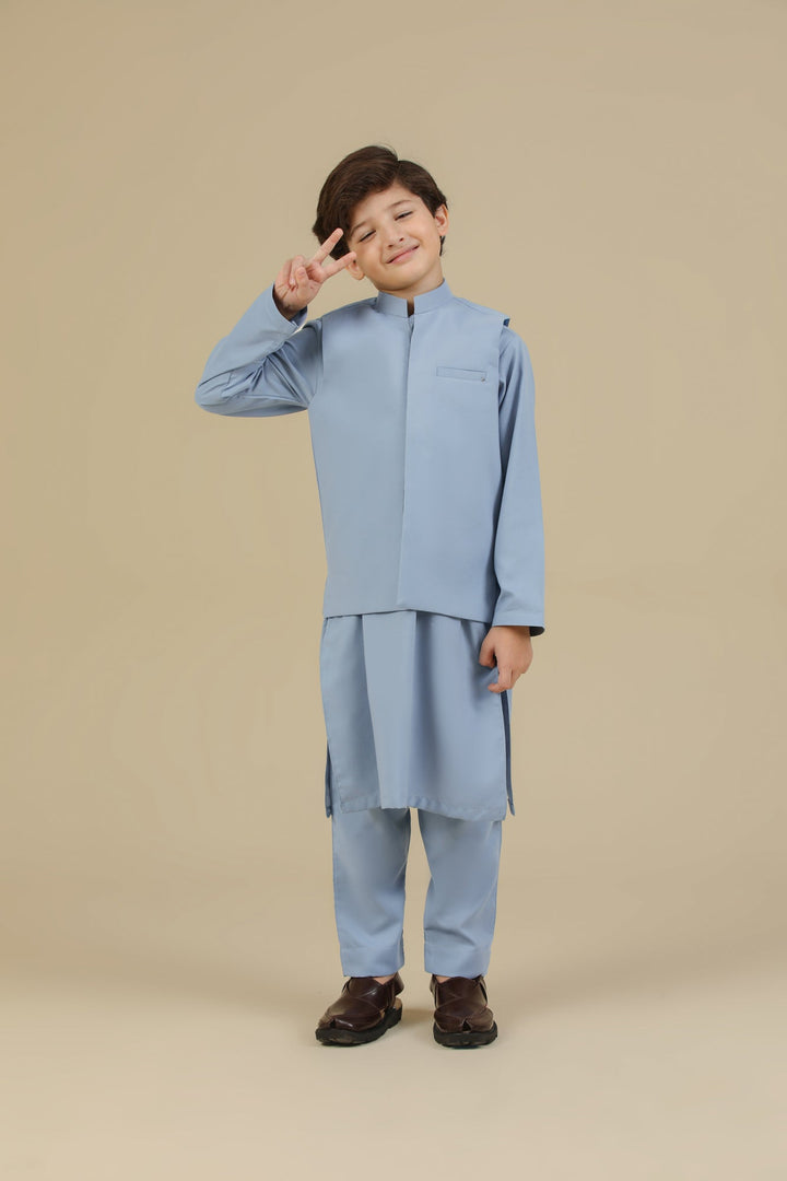Muraqsh Ready To Wear Solids Cotton Boys Sapphire Blue Kurta Trouser with Blended Waistcoat MUR-PBKTW - Summer Collection