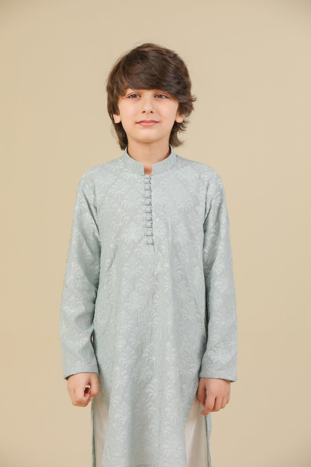Muraqsh Ready To Wear Embroidered Silk Boys Abroo Ice Blue Kurta Trouser MUR-A-IBR - Winter Collection