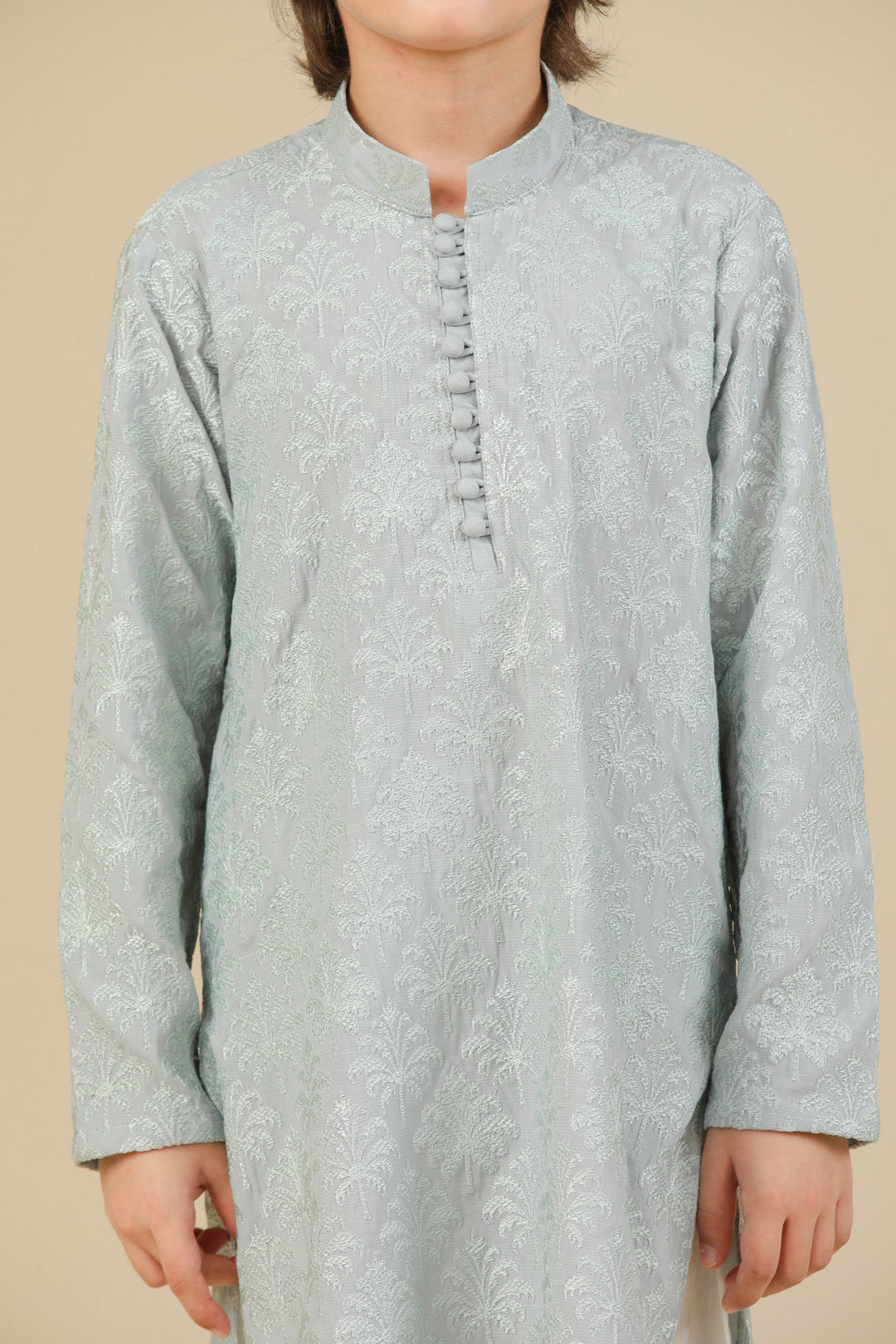 Muraqsh Ready To Wear Embroidered Silk Boys Abroo Ice Blue Kurta Trouser MUR-A-IBR - Winter Collection