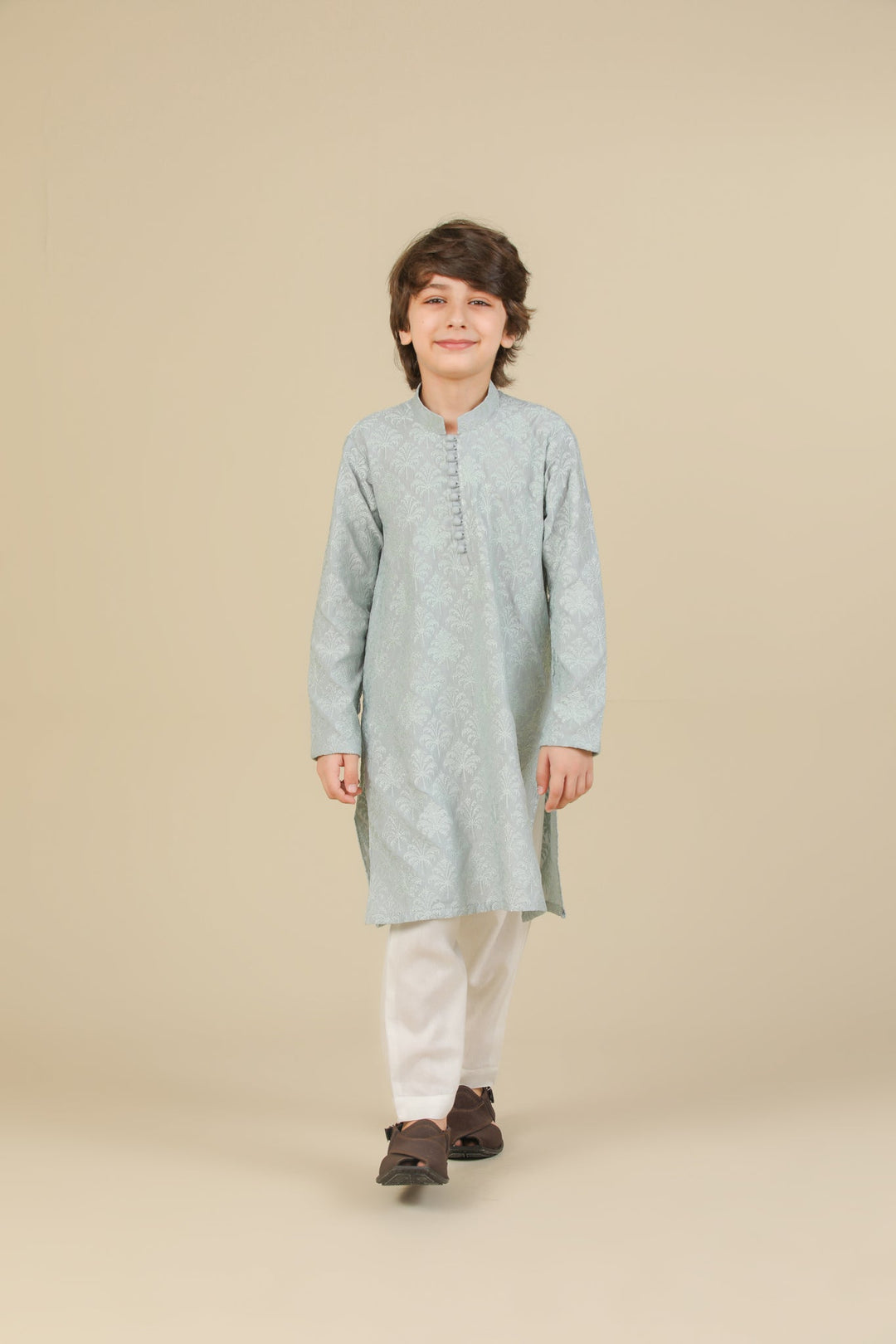 Muraqsh Ready To Wear Embroidered Silk Boys Abroo Ice Blue Kurta Trouser MUR-A-IBR - Winter Collection