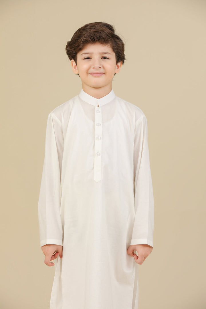 Muraqsh Ready To Wear Solids Cotton Boys Off White Kurta Trouser MUR-OWSCK - Summer Collection