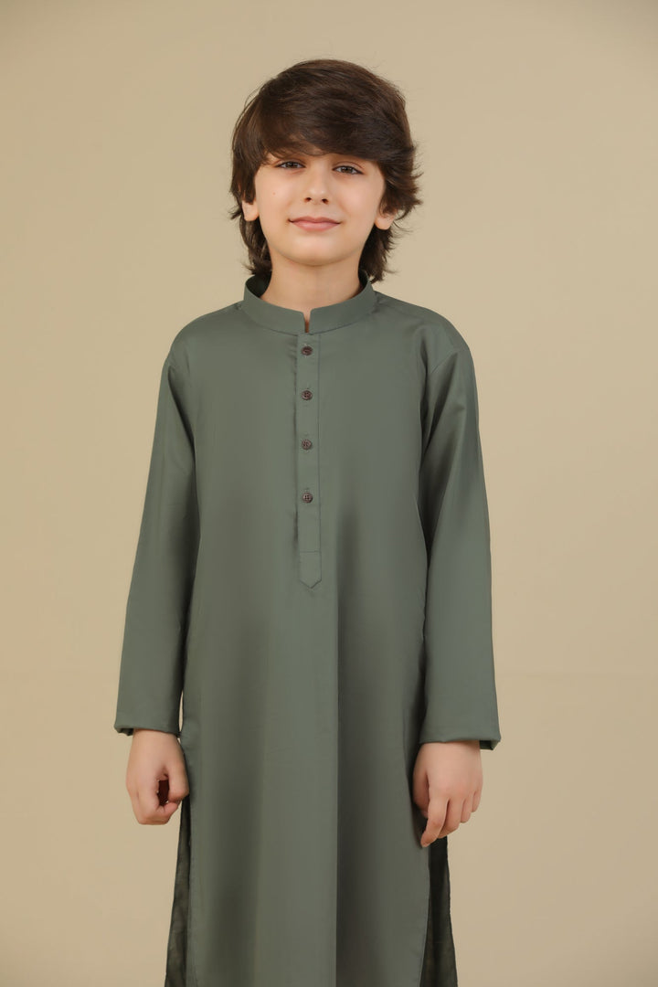 Muraqsh Ready To Wear Solids Cotton Boys Army Green Kurta Trouser MUR-GSCKTY - Summer Collection