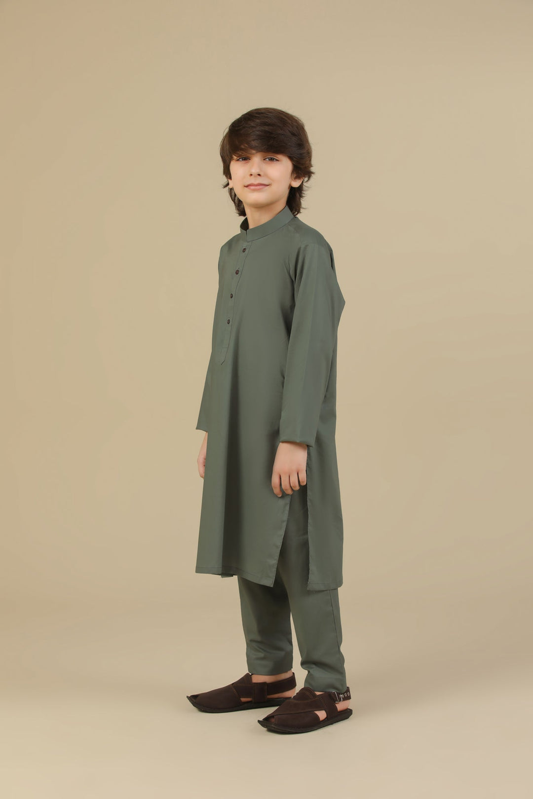 Muraqsh Ready To Wear Solids Cotton Boys Army Green Kurta Trouser MUR-GSCKTY - Summer Collection