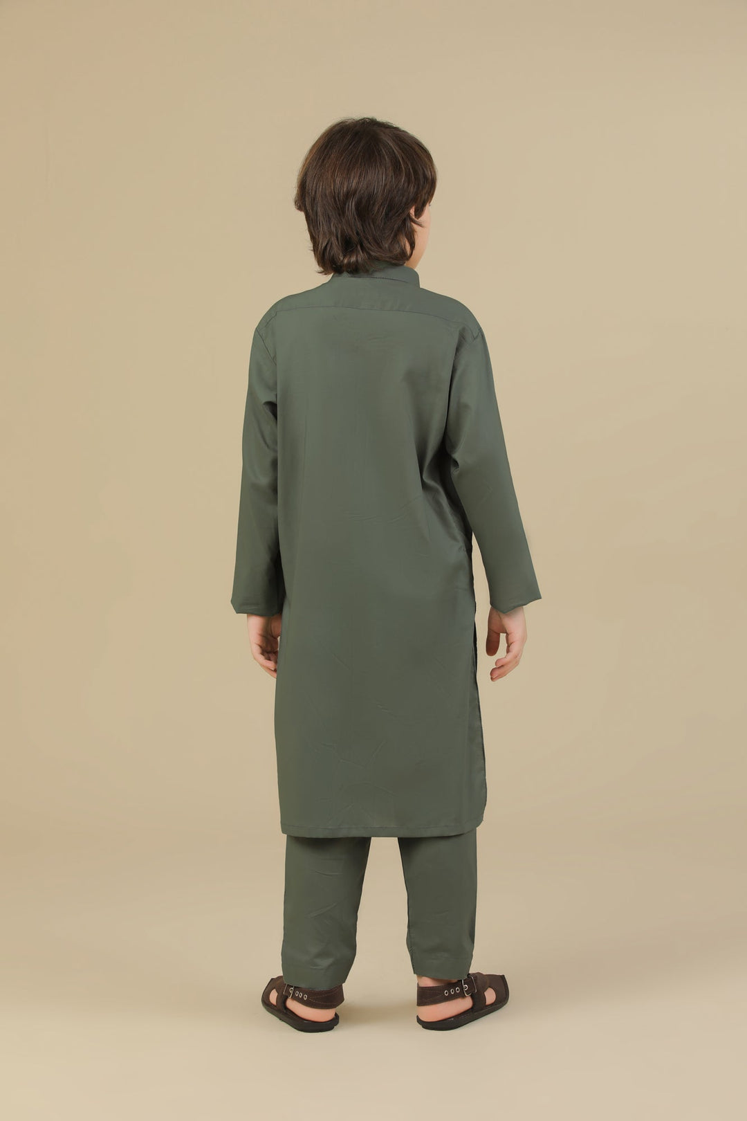 Muraqsh Ready To Wear Solids Cotton Boys Army Green Kurta Trouser MUR-GSCKTY - Summer Collection
