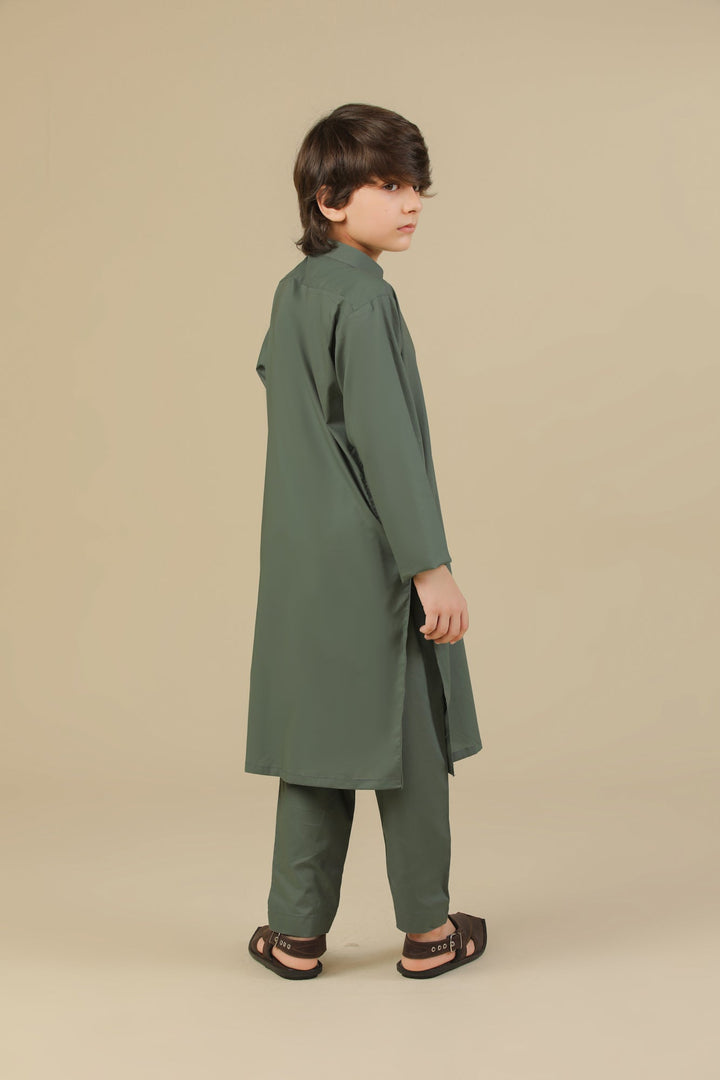 Muraqsh Ready To Wear Solids Cotton Boys Army Green Kurta Trouser MUR-GSCKTY - Summer Collection
