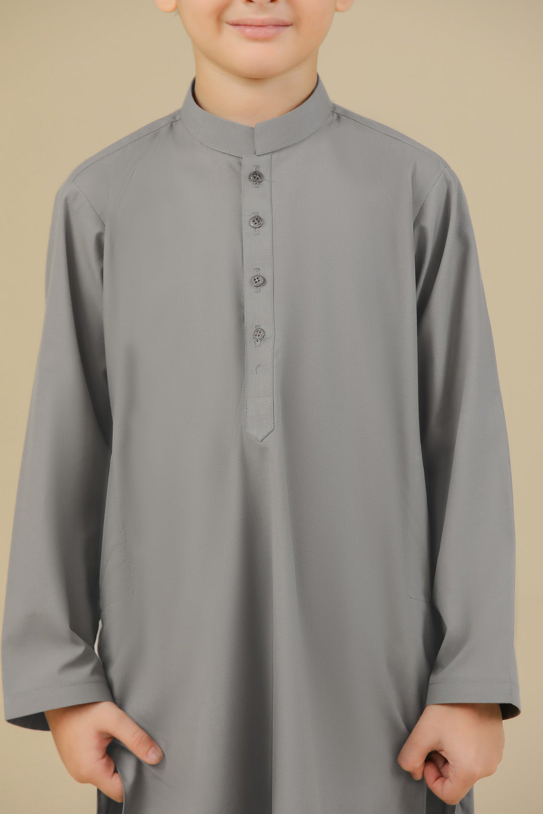 Muraqsh Ready To Wear Solids Cotton Boys Sand Grey Blended Kurta Trouser MURGKT - Summer Collection