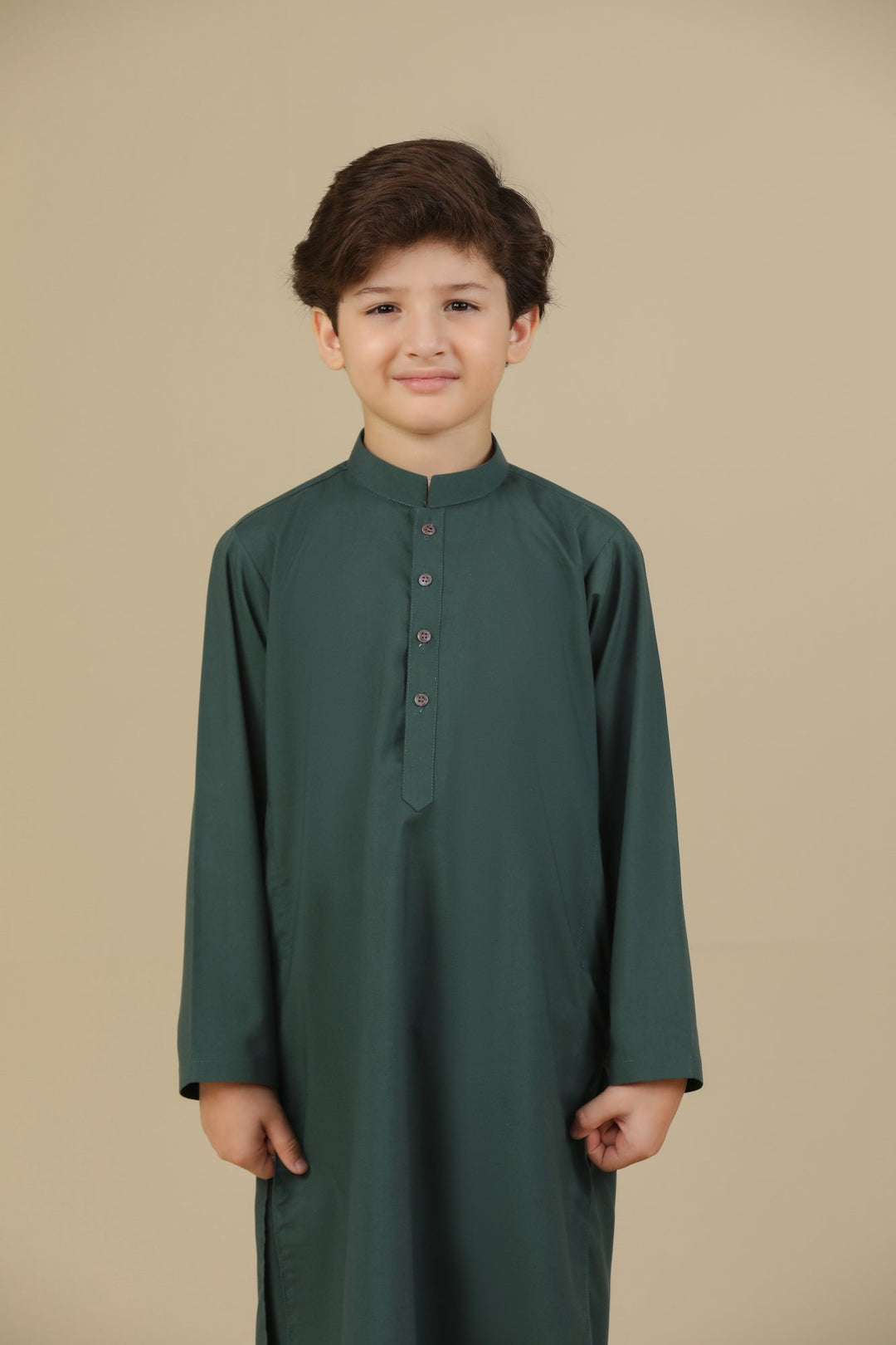 Muraqsh Ready To Wear Solids Cotton Boys Bottle Green Blended Kurta Trouser MUR-BGBKT - Summer Collection