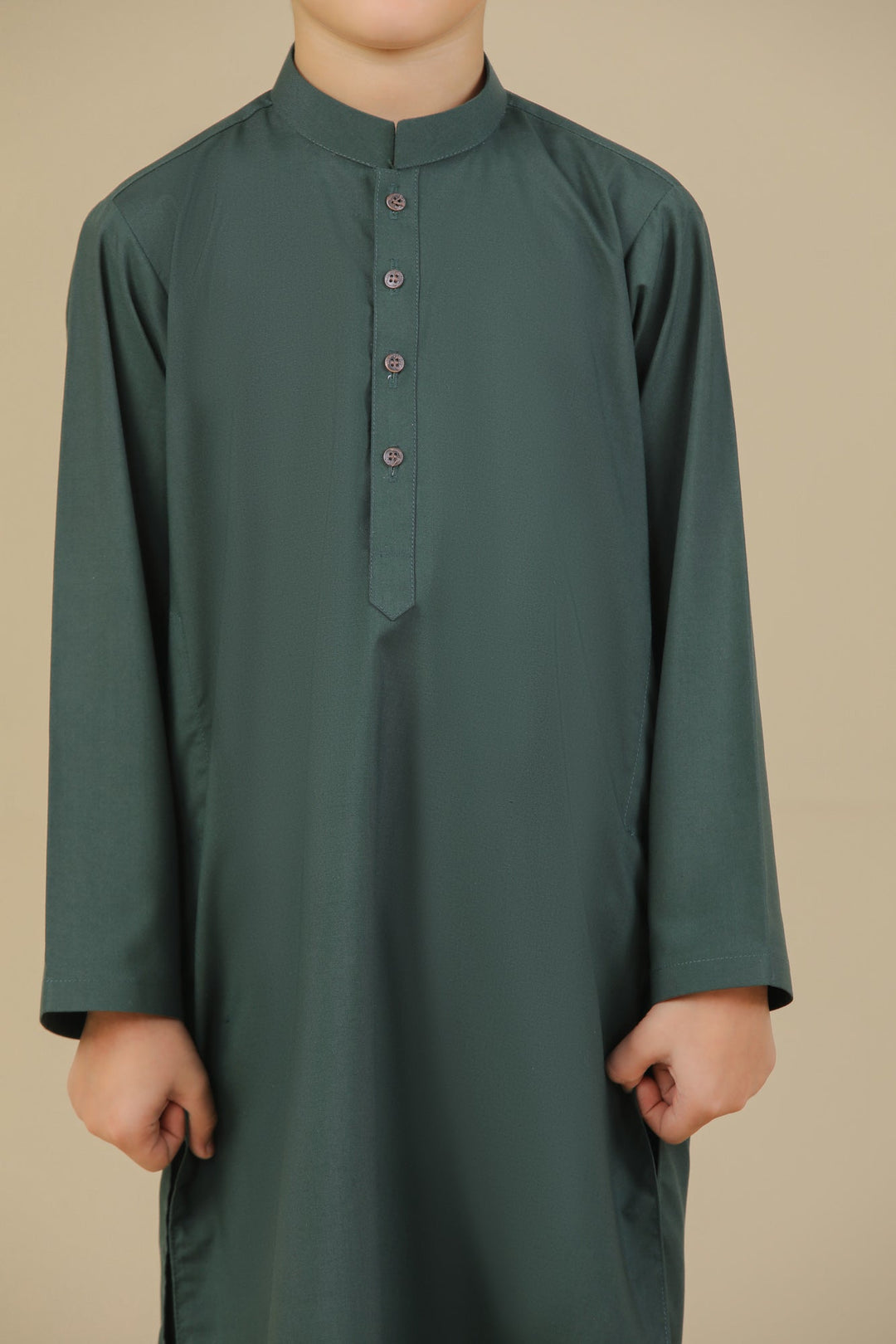 Muraqsh Ready To Wear Solids Cotton Boys Bottle Green Blended Kurta Trouser MUR-BGBKT - Summer Collection