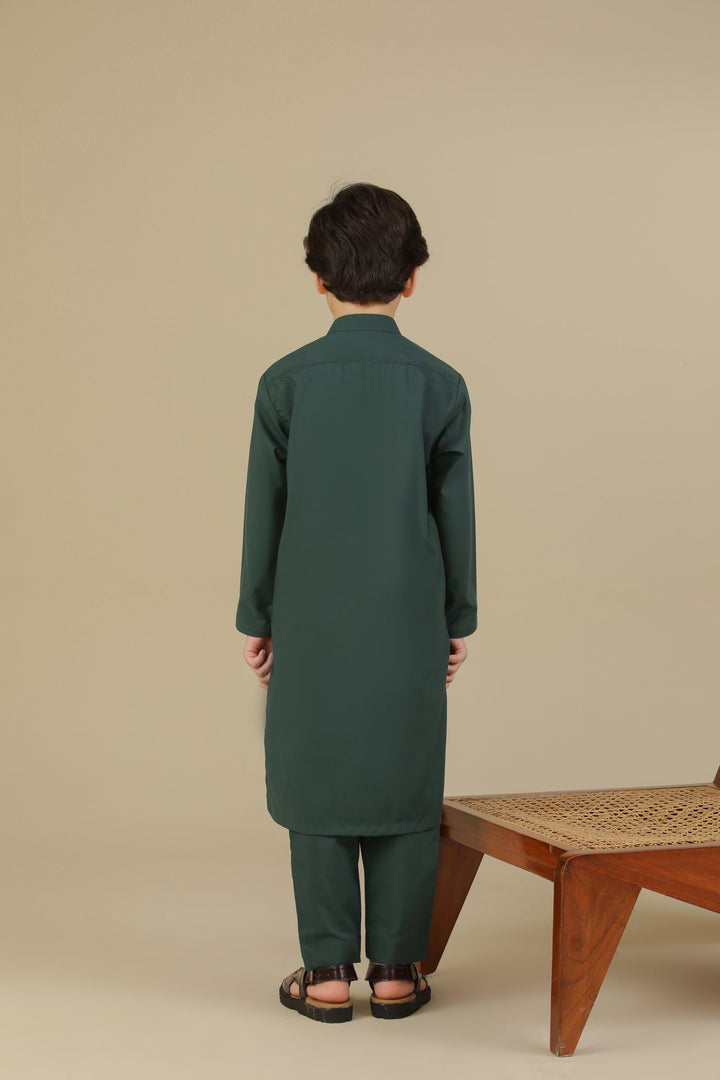 Muraqsh Ready To Wear Solids Cotton Boys Bottle Green Blended Kurta Trouser MUR-BGBKT - Summer Collection