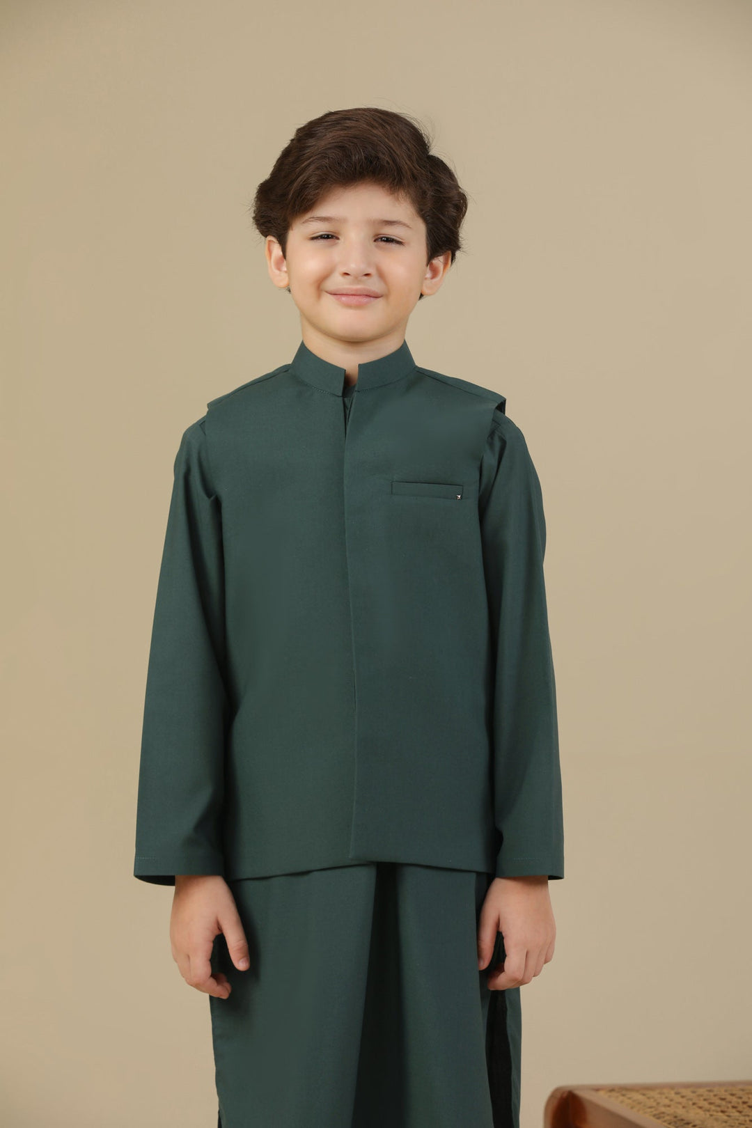 Muraqsh Ready To Wear Solids Cotton Boys Bottle Green Kurta Trouser with Blended Waistcoat MUR-BGKTW - Summer Collection