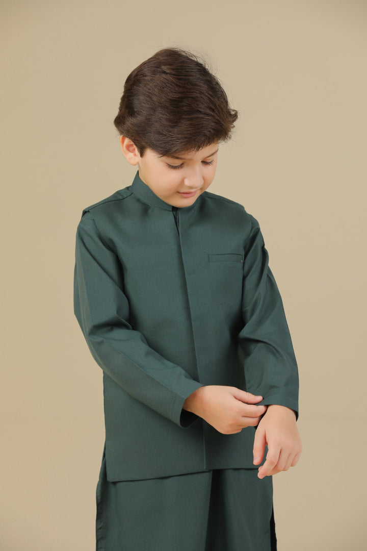 Muraqsh Ready To Wear Solids Cotton Boys Bottle Green Kurta Trouser with Blended Waistcoat MUR-BGKTW - Summer Collection