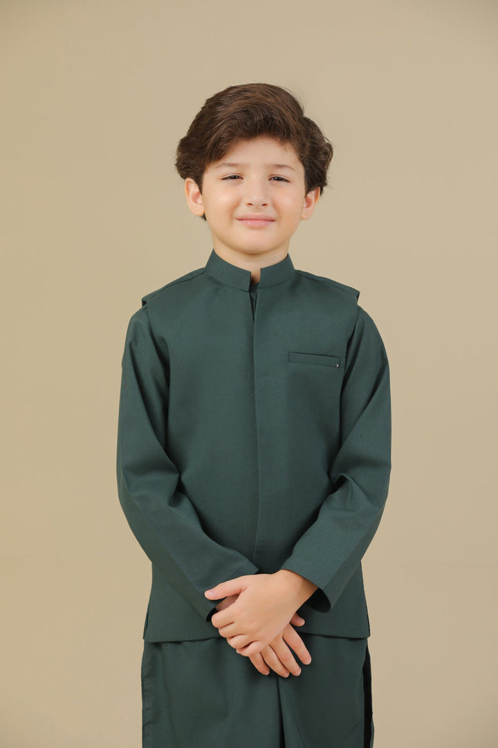 Muraqsh Ready To Wear Solids Cotton Boys Bottle Green Kurta Trouser with Blended Waistcoat MUR-BGKTW - Summer Collection