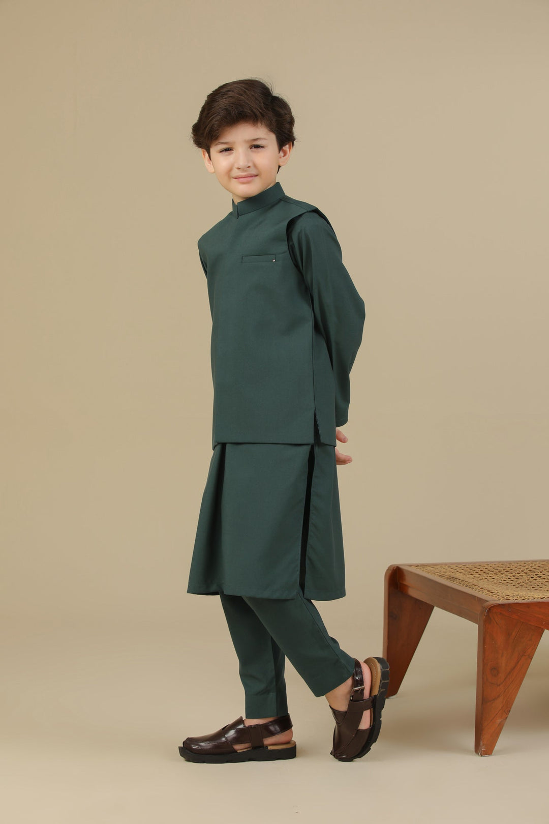 Muraqsh Ready To Wear Solids Cotton Boys Bottle Green Kurta Trouser with Blended Waistcoat MUR-BGKTW - Summer Collection