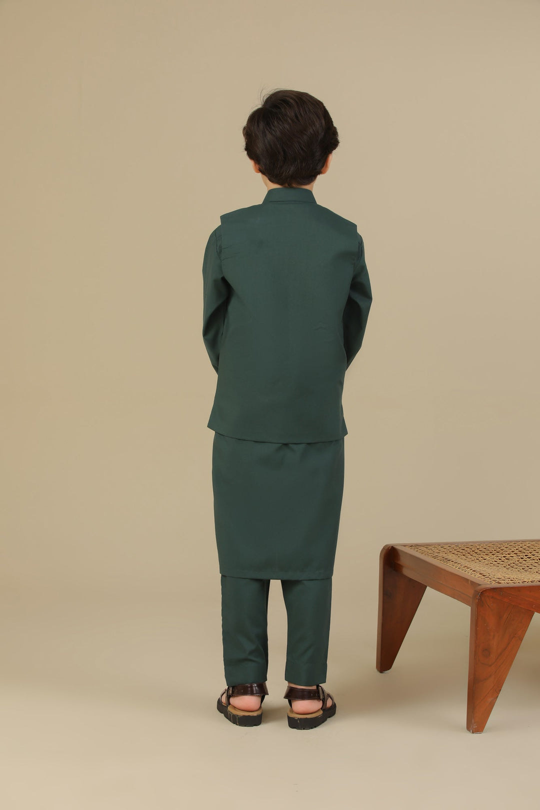 Muraqsh Ready To Wear Solids Cotton Boys Bottle Green Kurta Trouser with Blended Waistcoat MUR-BGKTW - Summer Collection