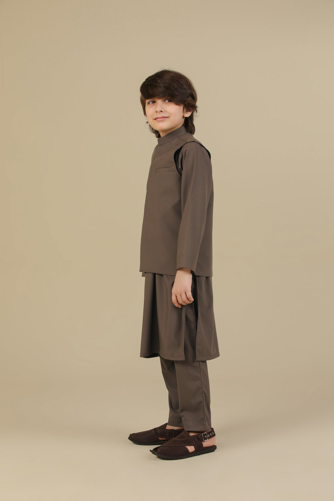 Muraqsh Ready To Wear Solids Cotton Boys Light Brown Kurta Trouser with Blended Waistcoat MURBKTW - Summer Collection