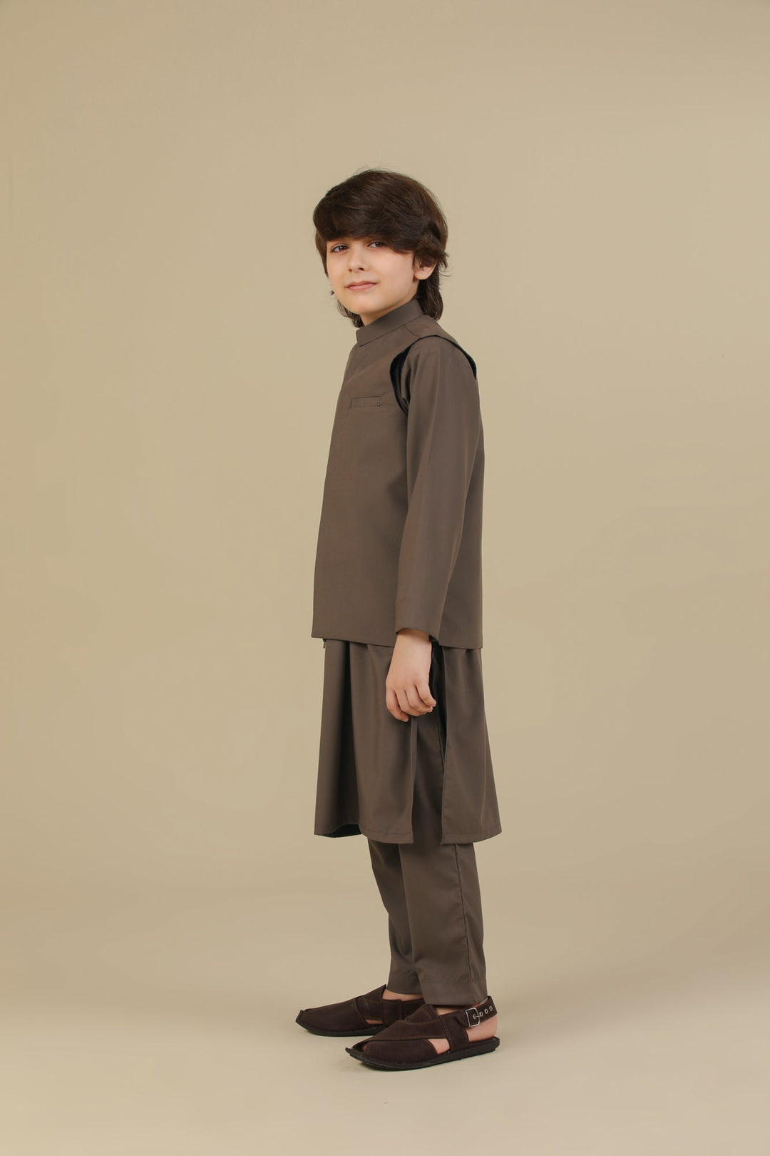 Muraqsh Ready To Wear Solids Cotton Boys Light Brown Kurta Trouser with Blended Waistcoat MURBKTW - Summer Collection
