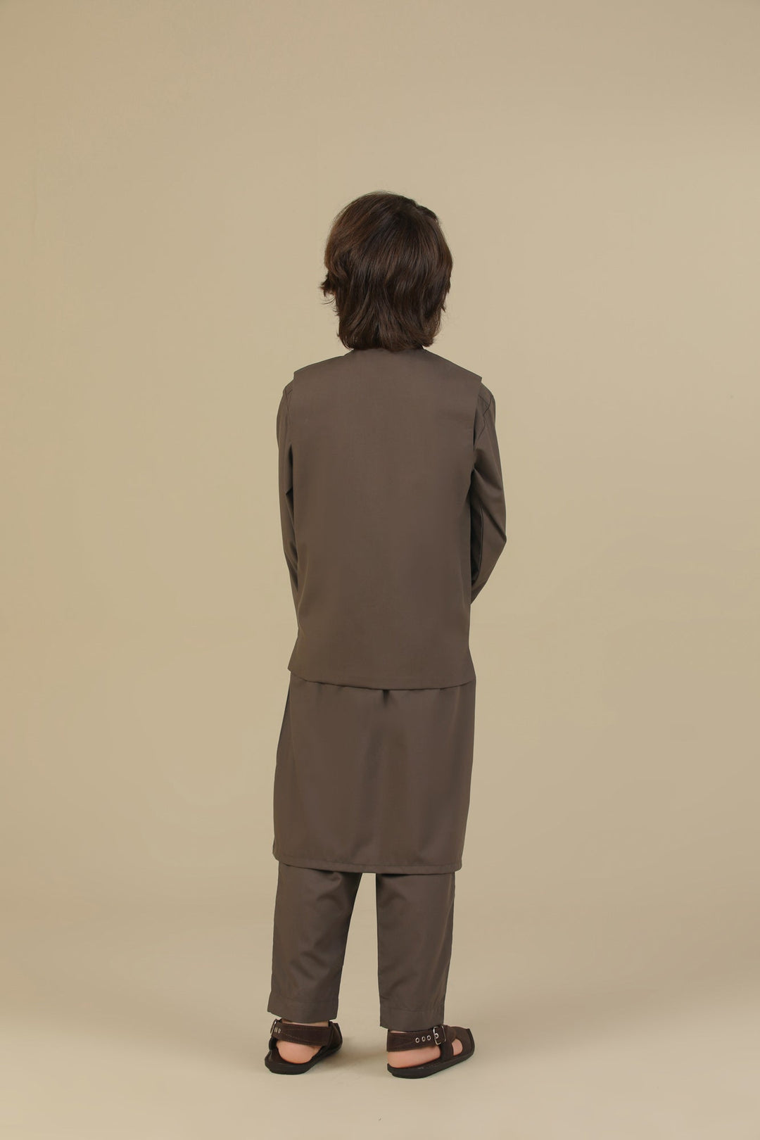 Muraqsh Ready To Wear Solids Cotton Boys Light Brown Kurta Trouser with Blended Waistcoat MURBKTW - Summer Collection