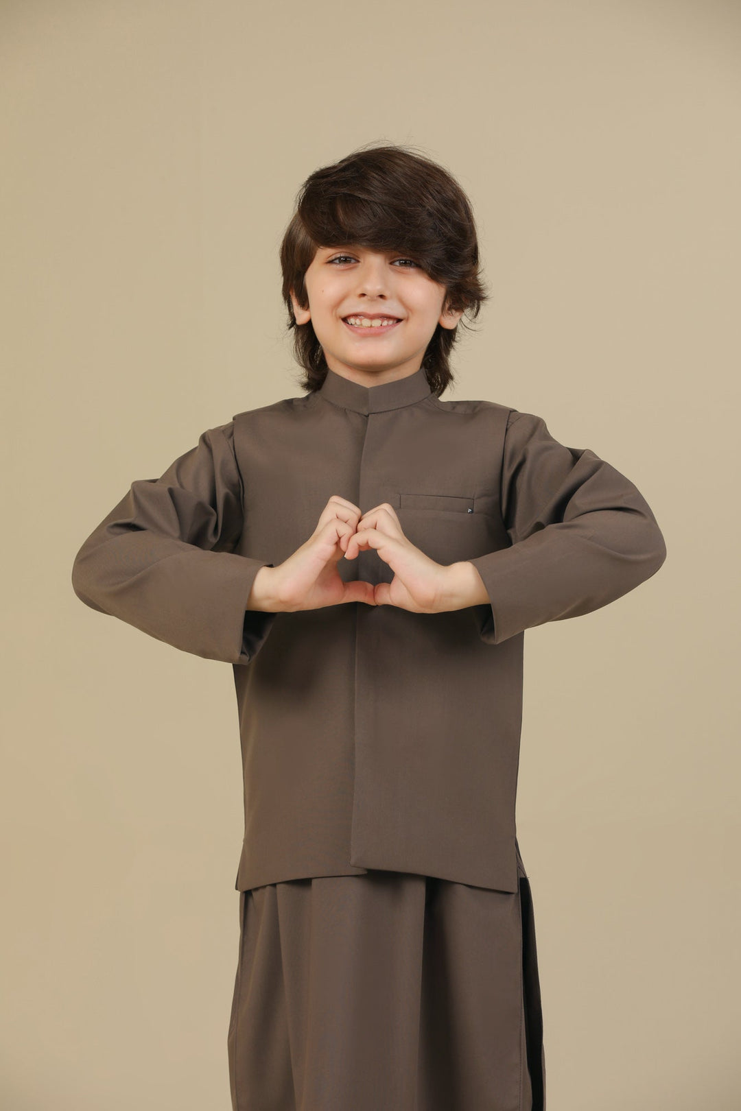 Muraqsh Ready To Wear Solids Cotton Boys Light Brown Kurta Trouser with Blended Waistcoat MURBKTW - Summer Collection