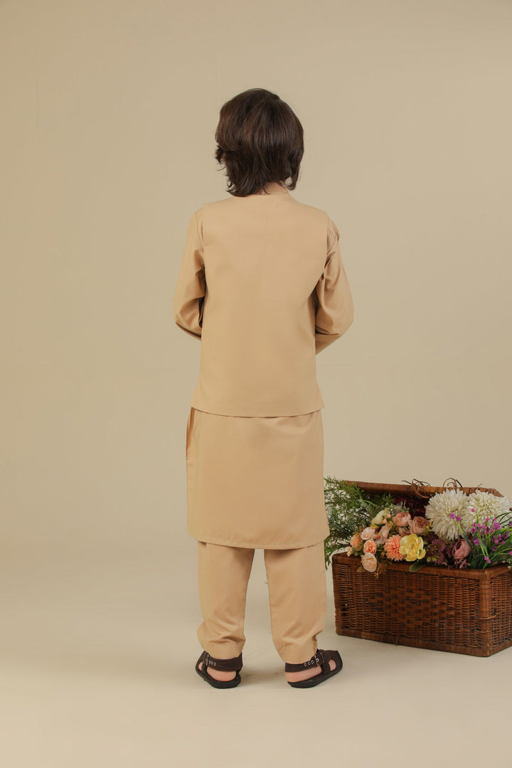 Muraqsh Ready To Wear Solids Cotton Boys Camel Kurta Trouser with Blended Waistcoat MUR-CKTWB - Summer Collection