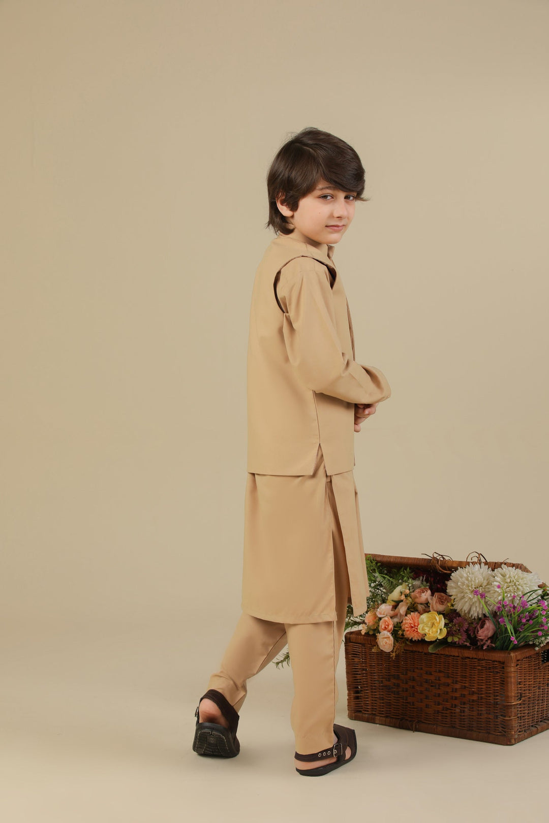 Muraqsh Ready To Wear Solids Cotton Boys Camel Kurta Trouser with Blended Waistcoat MUR-CKTWB - Summer Collection