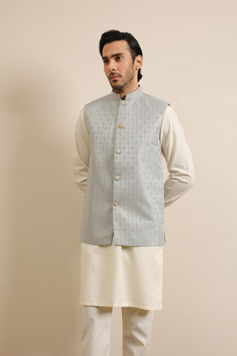 Muraqsh Ready To Wear Solids Cotton Men Sky Blue Jamawar Textured Waistcoat MURBJTW - Summer Collection
