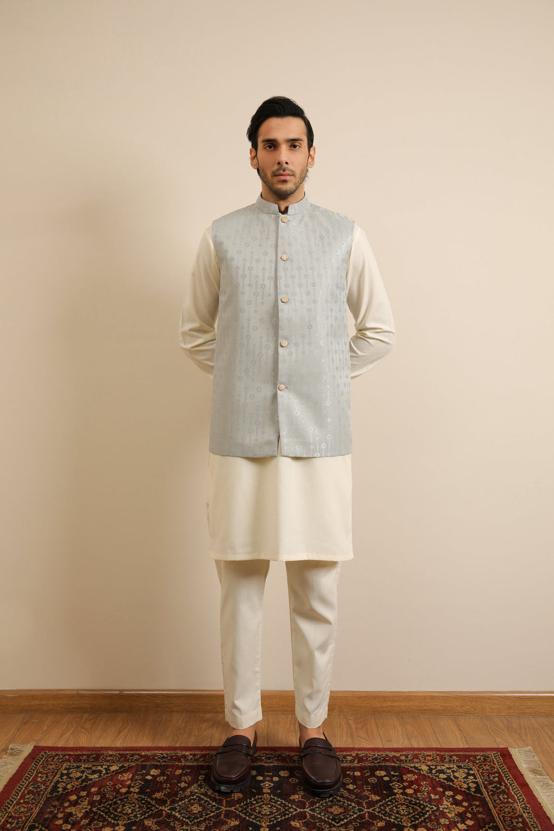 Muraqsh Ready To Wear Solids Bosky Men Bosky White Kurta Trouser with Sky Blue Jamawar Waistcoat MUR-BWKTW - Summer Collection
