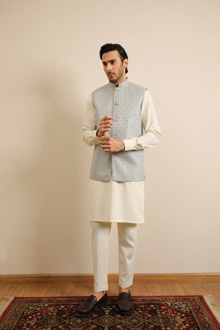 Muraqsh Ready To Wear Solids Cotton Men Sky Blue Jamawar Textured Waistcoat MURBJTW - Summer Collection