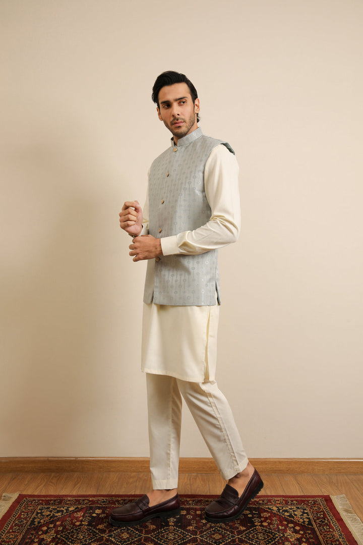 Muraqsh Ready To Wear Solids Cotton Men Sky Blue Jamawar Textured Waistcoat MURBJTW - Summer Collection