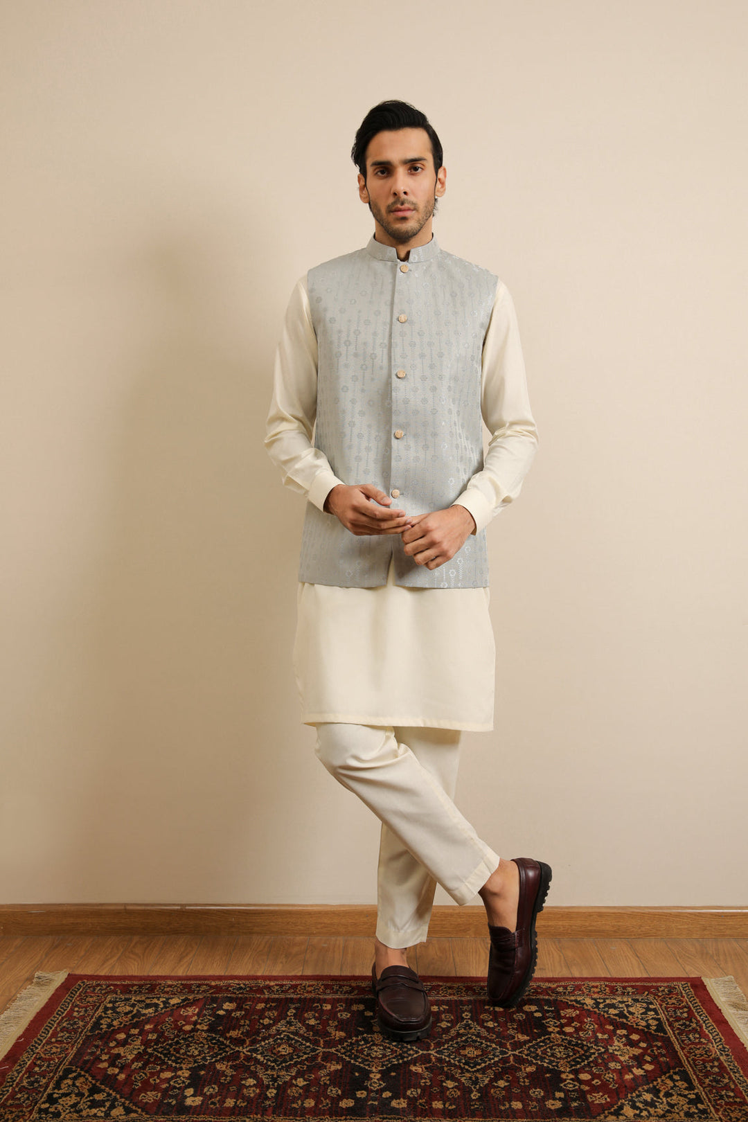 Muraqsh Ready To Wear Solids Cotton Men Sky Blue Jamawar Textured Waistcoat MURBJTW - Summer Collection