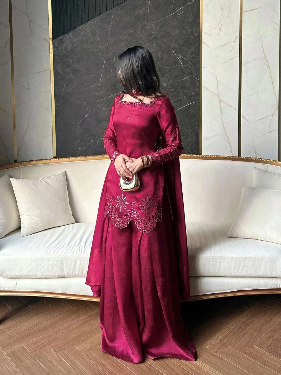 Scherezade Women RTW Embroidered Sheesha Silk 3 Piece Suit BERRY - Festive Collection
