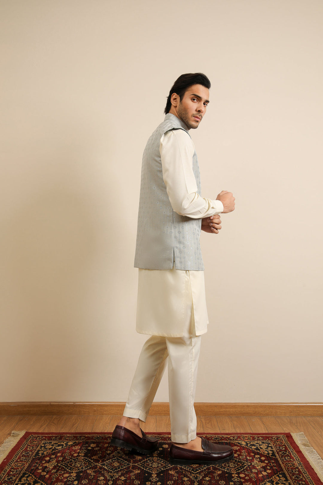 Muraqsh Ready To Wear Solids Cotton Men Sky Blue Jamawar Textured Waistcoat MURBJTW - Summer Collection