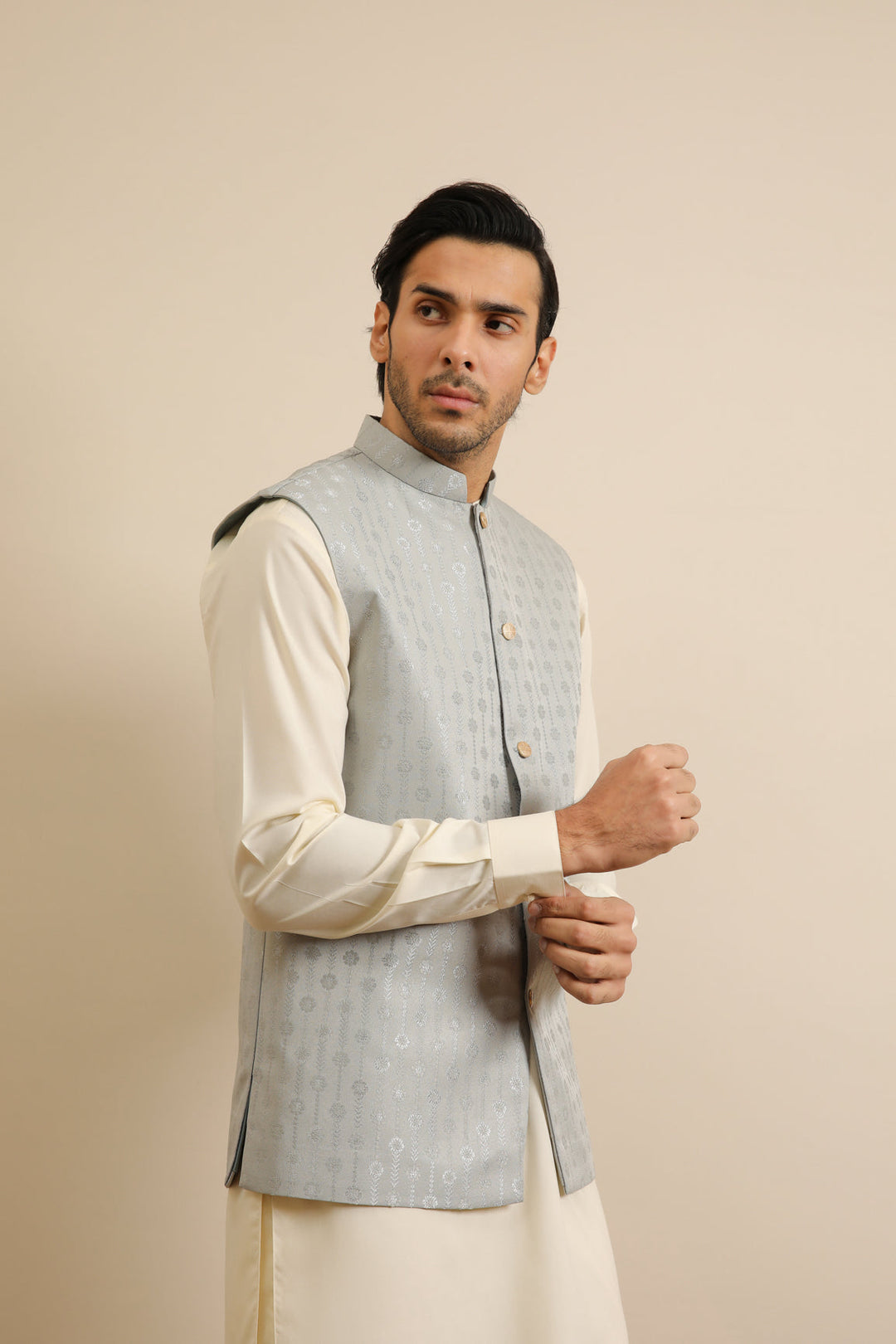 Muraqsh Ready To Wear Solids Bosky Men Bosky White Kurta Trouser with Sky Blue Jamawar Waistcoat MUR-BWKTW - Summer Collection