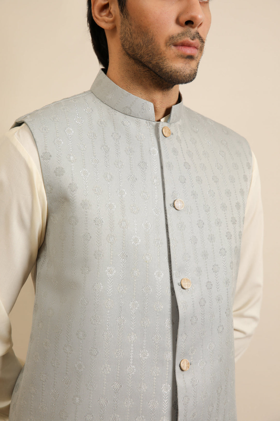 Muraqsh Ready To Wear Solids Bosky Men Bosky White Kurta Trouser with Sky Blue Jamawar Waistcoat MUR-BWKTW - Summer Collection