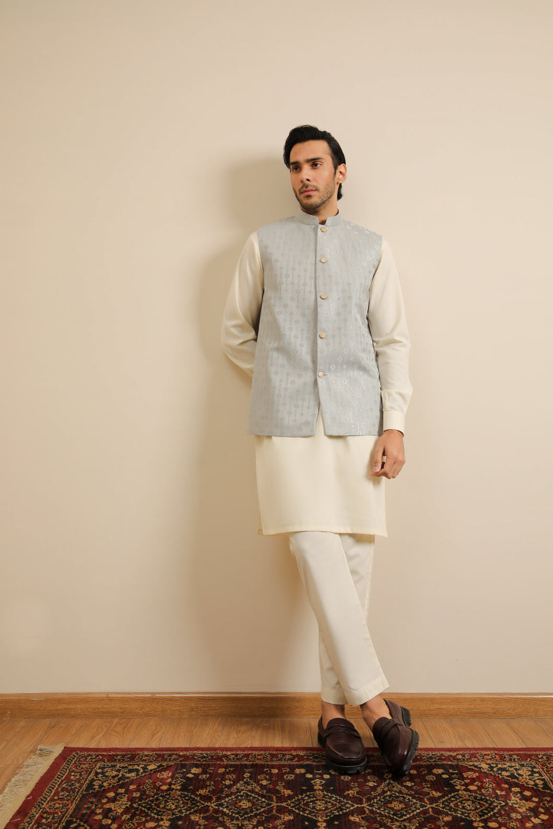 Muraqsh Ready To Wear Solids Cotton Men Sky Blue Jamawar Textured Waistcoat MURBJTW - Summer Collection